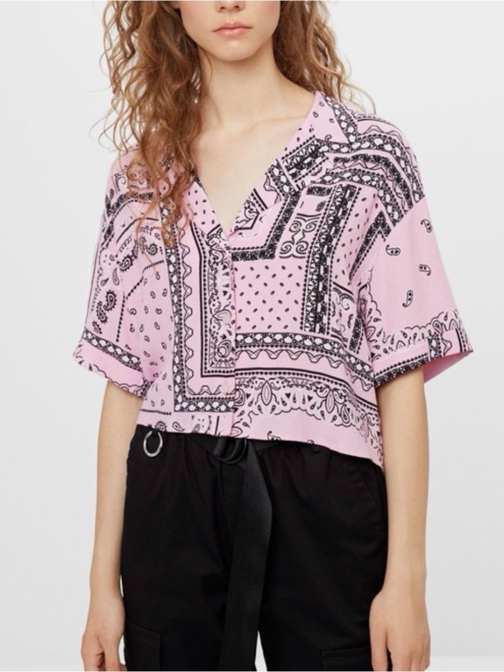 Zara - Pink Bandana Print V-Neck Short Sleeve Top